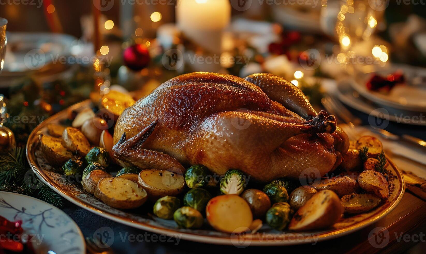 A large roasted turkey with potatoes and broccoli on a plate photo