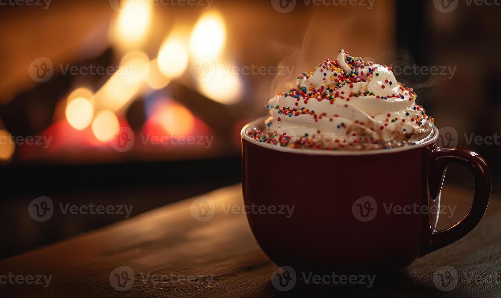 A red mug of hot chocolate with sprinkles on top photo