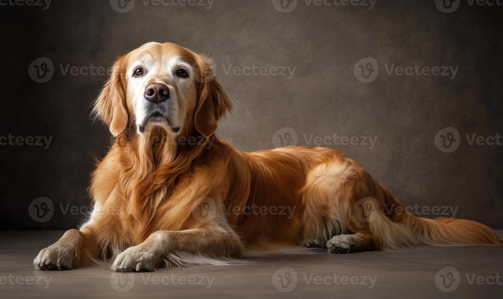 A golden retriever lays on the ground with its head tilted to the side photo