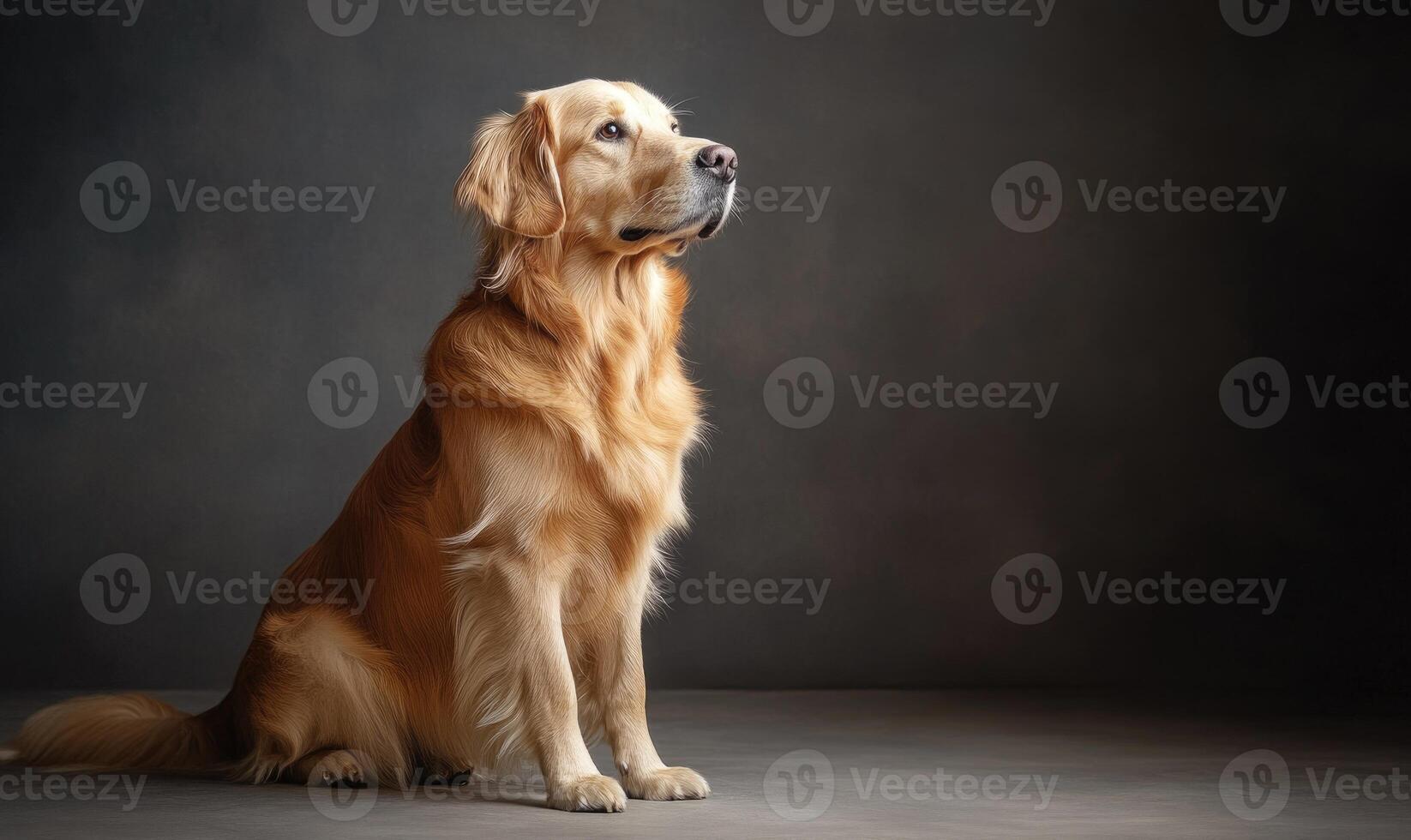 A golden retriever is sitting on the ground with its head up photo