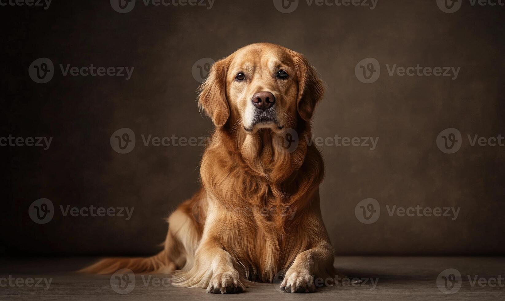 A large golden retriever is laying down on a grey surface photo