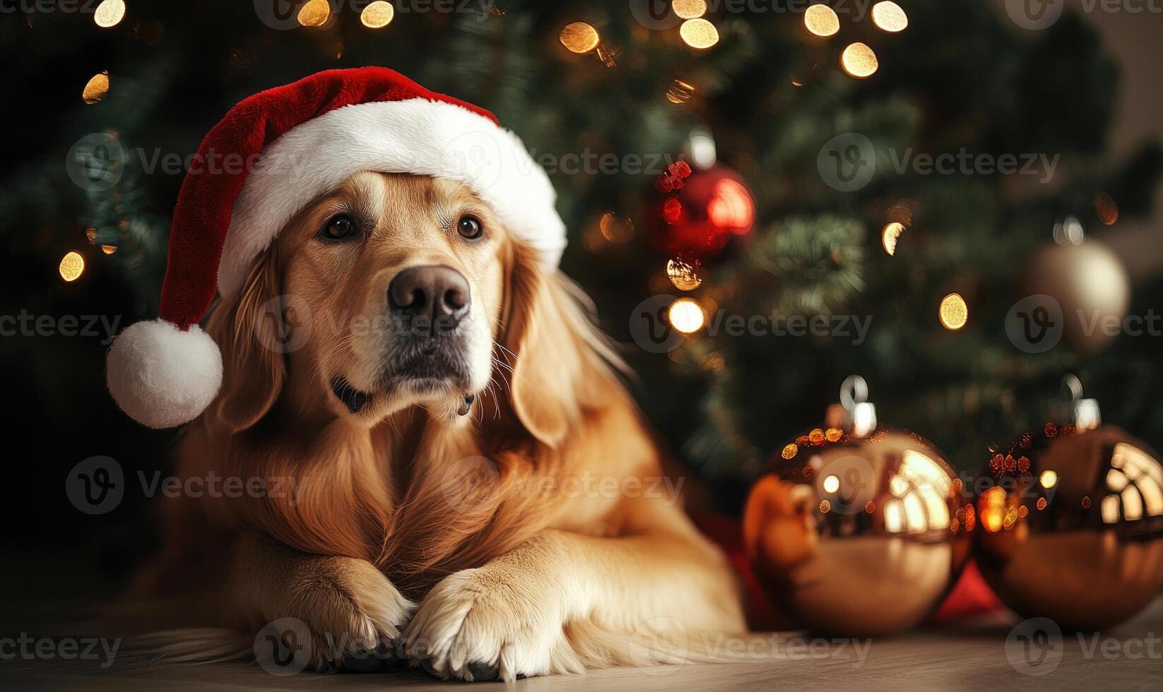 A dog wearing a Santa hat is laying on the floor next to a Christmas tree photo