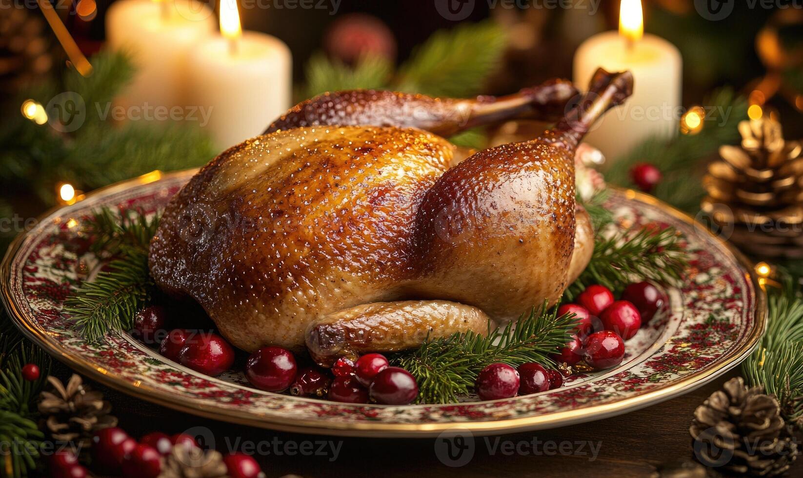 A large roasted turkey is on a plate with red berries and candles photo