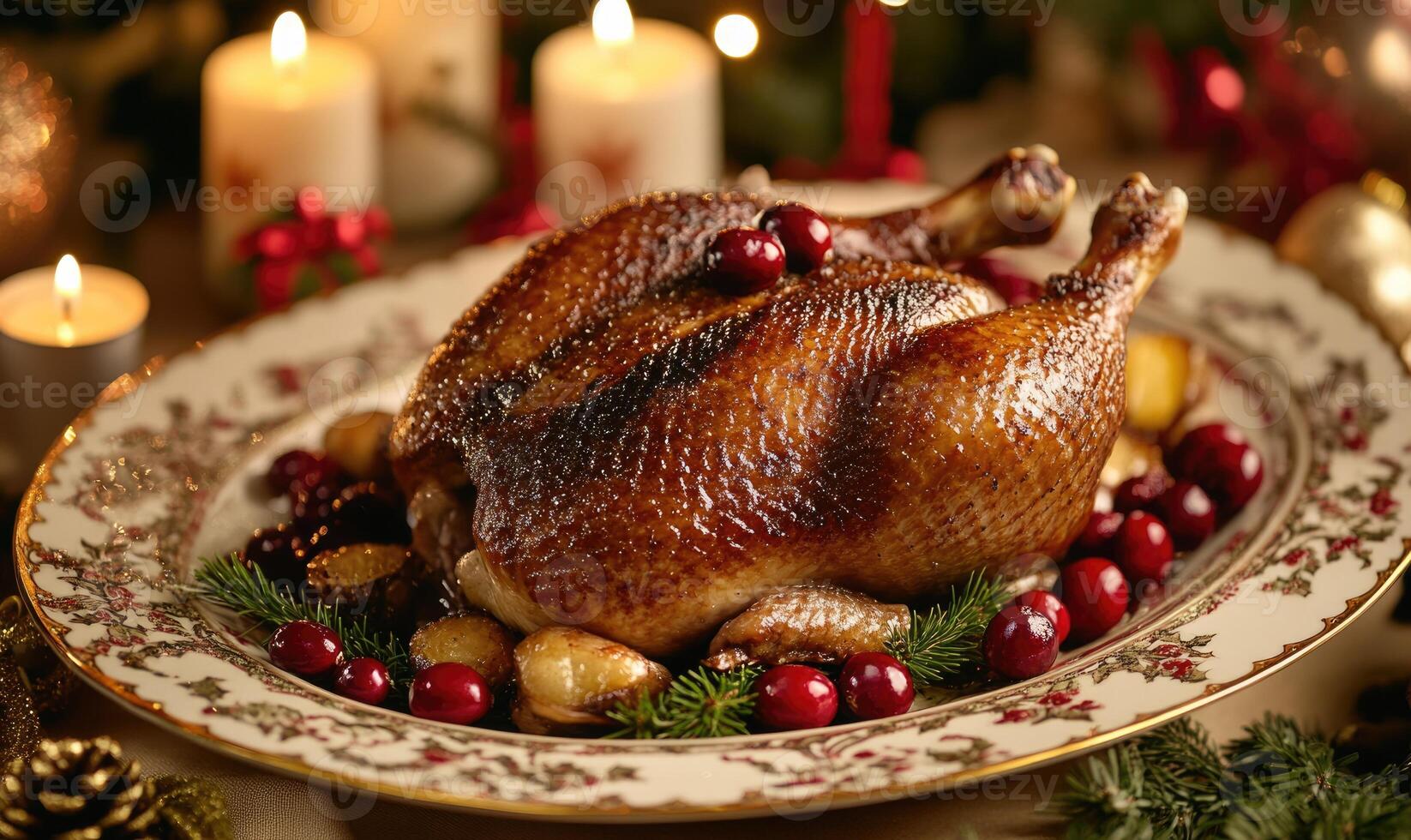 A large roasted turkey with cranberries and potatoes on a white plate photo
