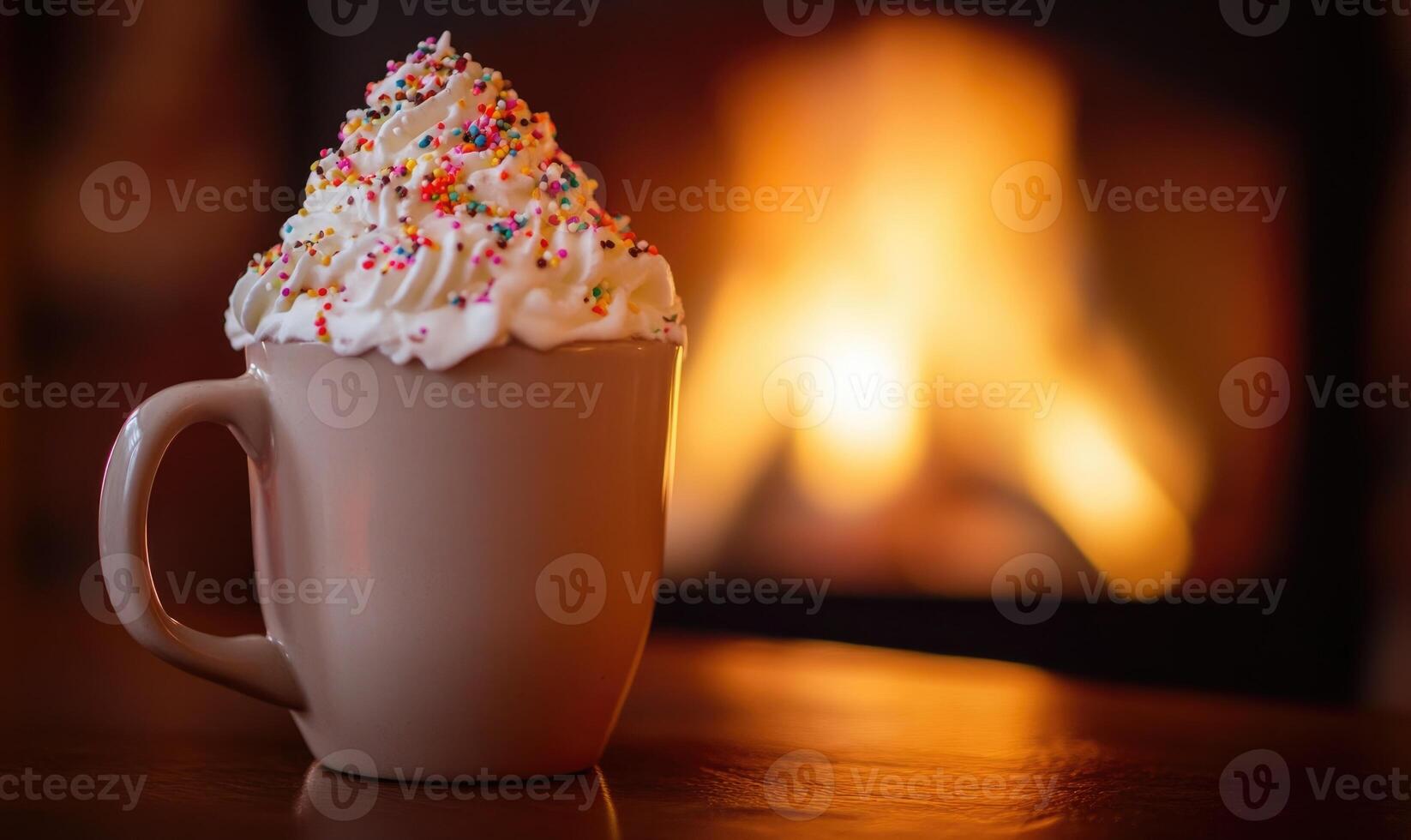 A mug of hot chocolate with whipped cream and sprinkles on top photo