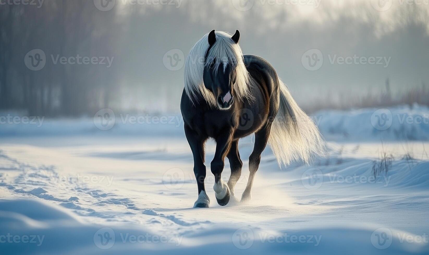A horse with white hair is running through the snow photo