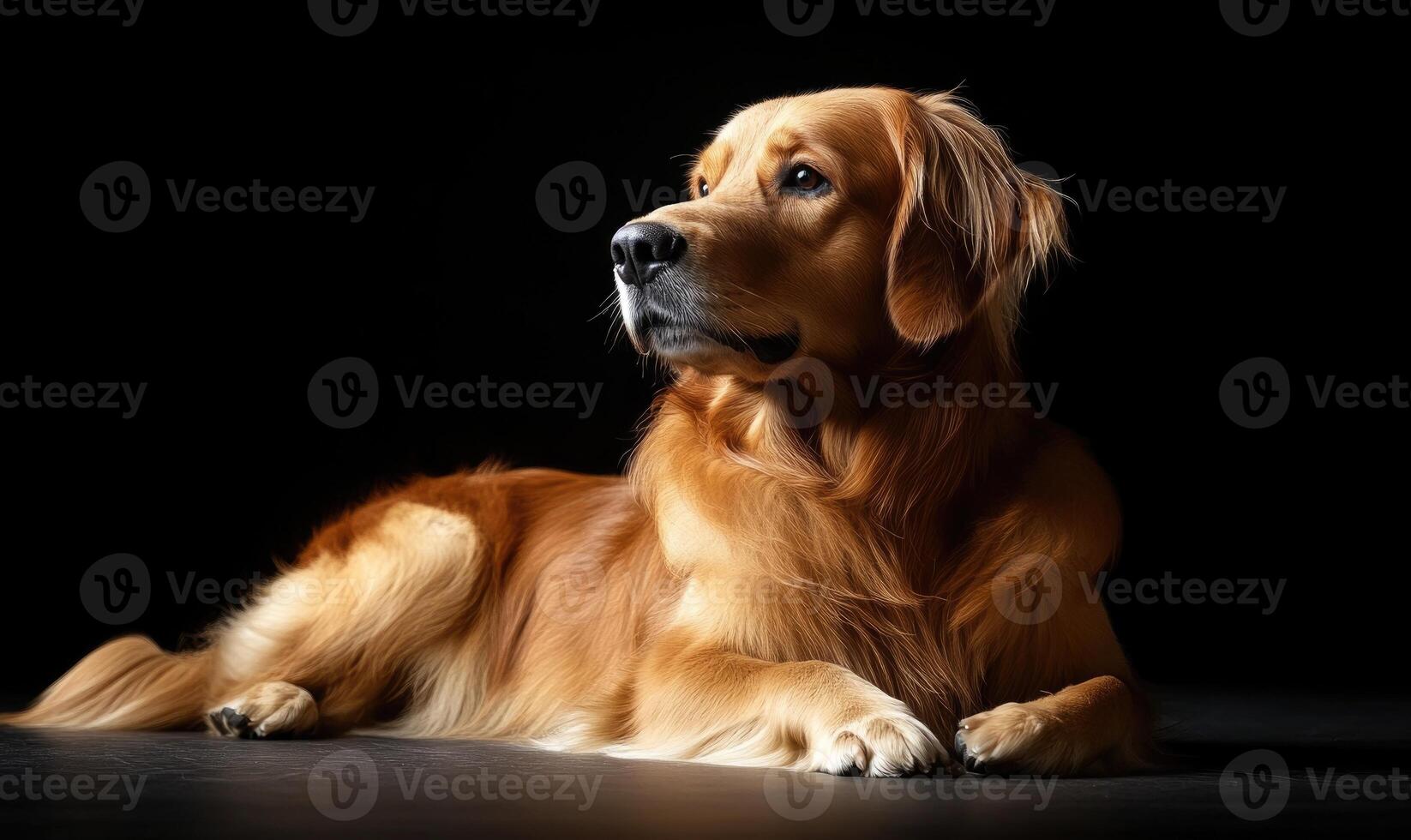 A golden retriever is laying on the ground in a dark room photo