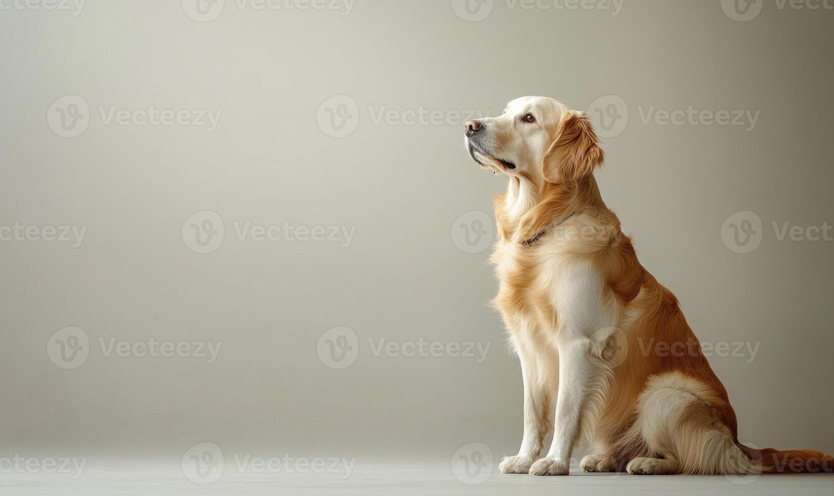 A golden retriever is sitting on the floor and looking at the camera photo