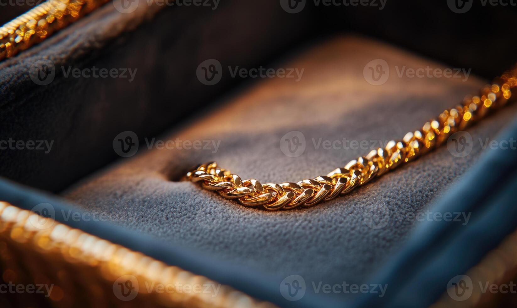 A gold chain is displayed in a box photo