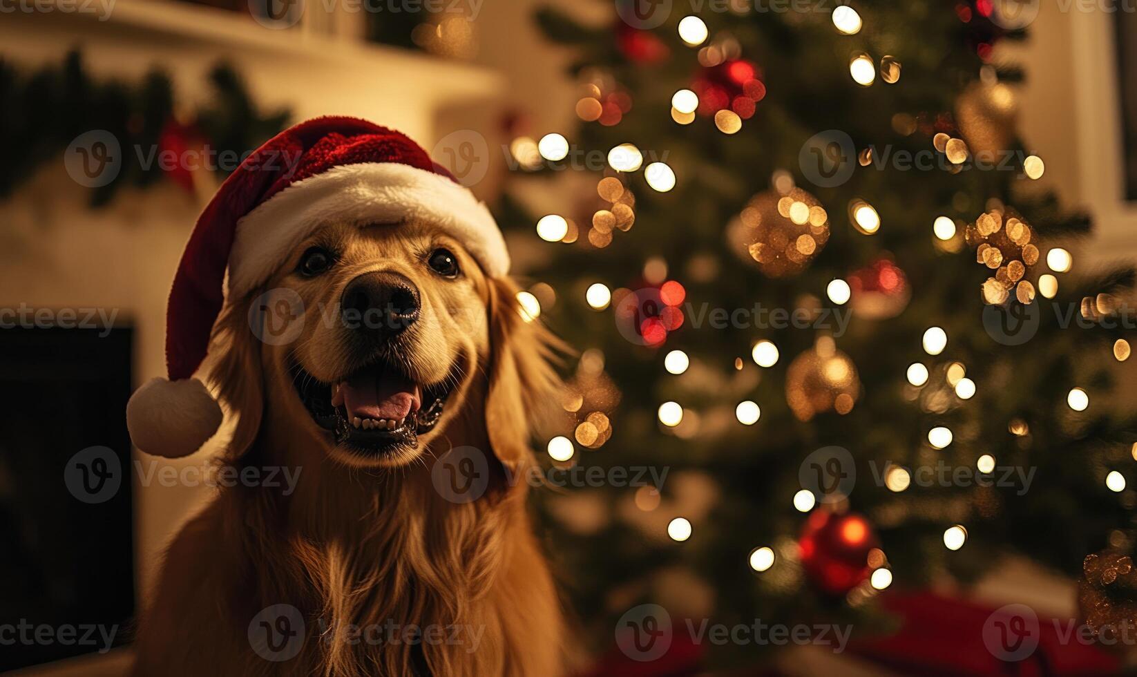 A dog wearing a Santa hat is standing in front of a Christmas tree photo