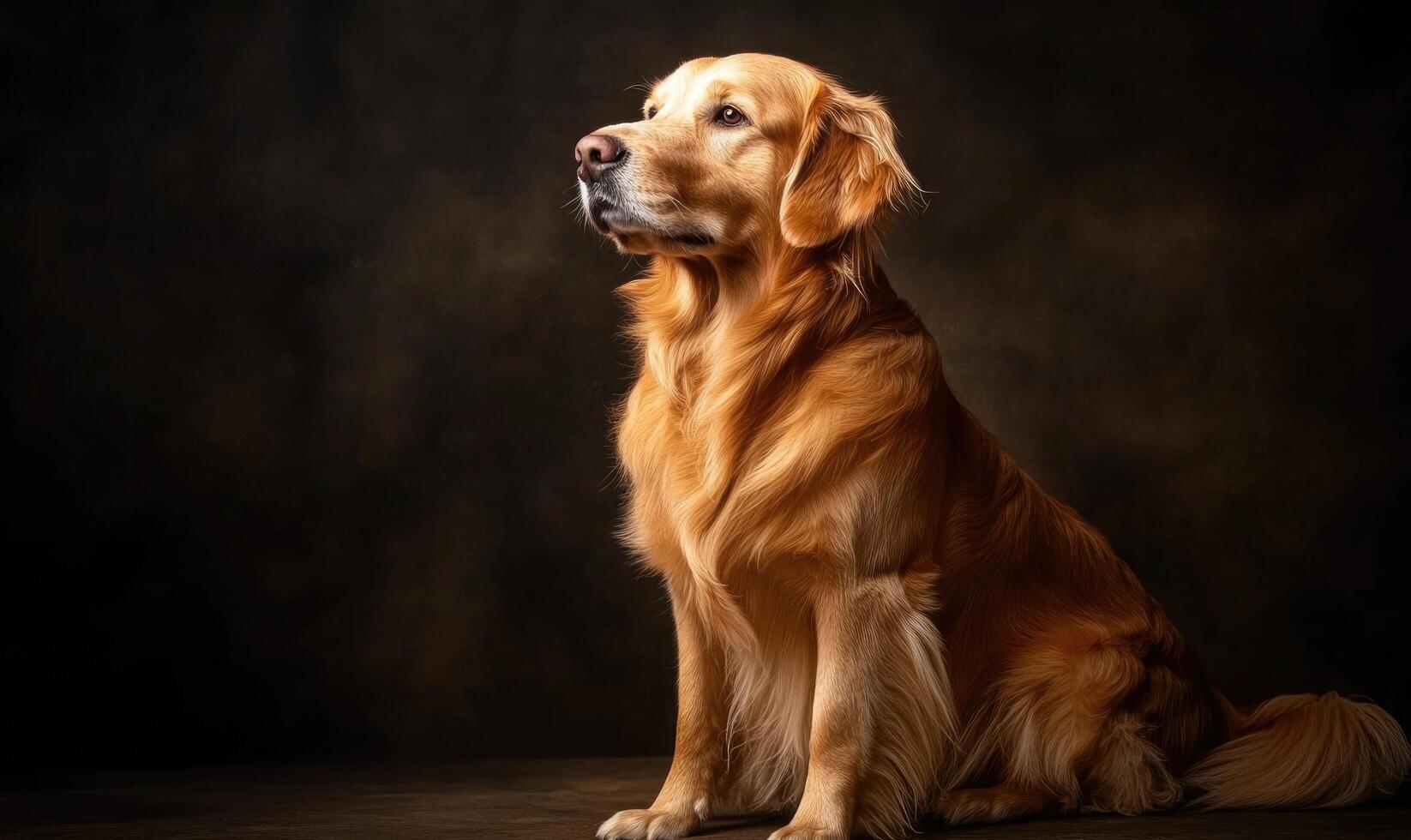 A golden retriever is sitting on the ground with its head tilted to the side photo