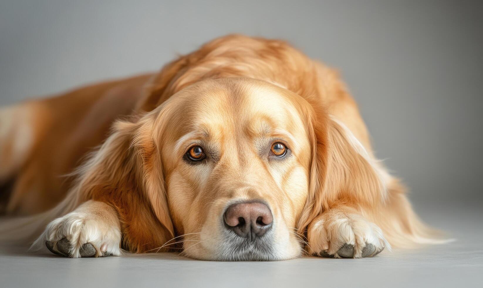 A golden retriever lays on the ground with its head down photo