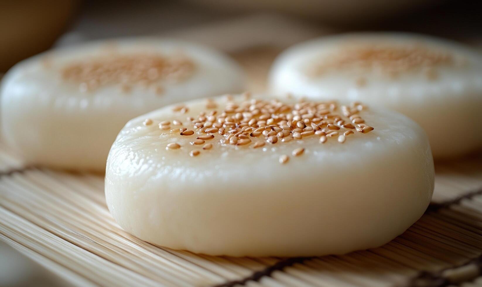 Three small white pastries with brown sesame seeds on top photo