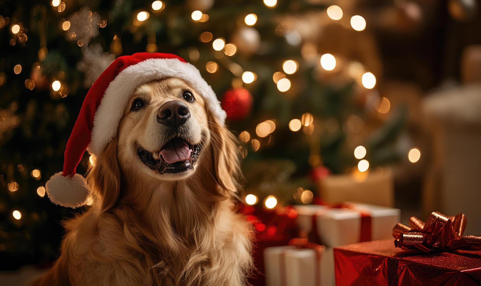 A dog wearing a Santa hat is standing in front of a Christmas tree photo