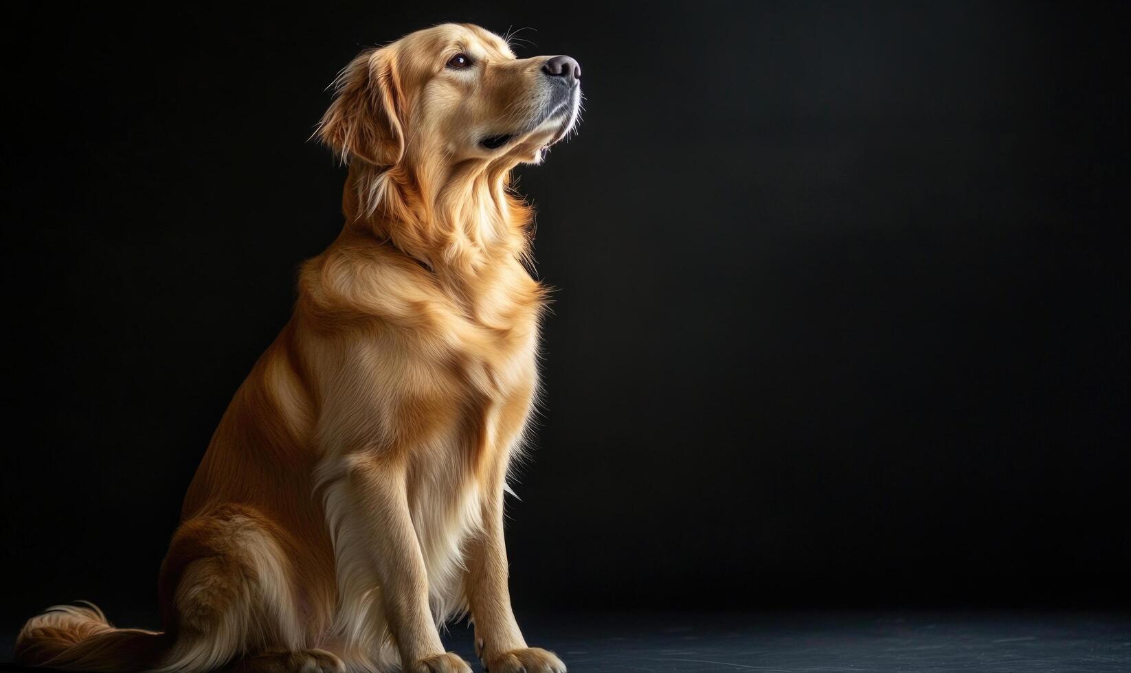 A golden retriever is sitting on the ground and looking up photo