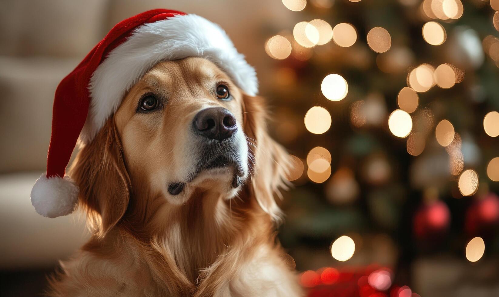 A dog wearing a Santa hat is standing in front of a Christmas tree photo