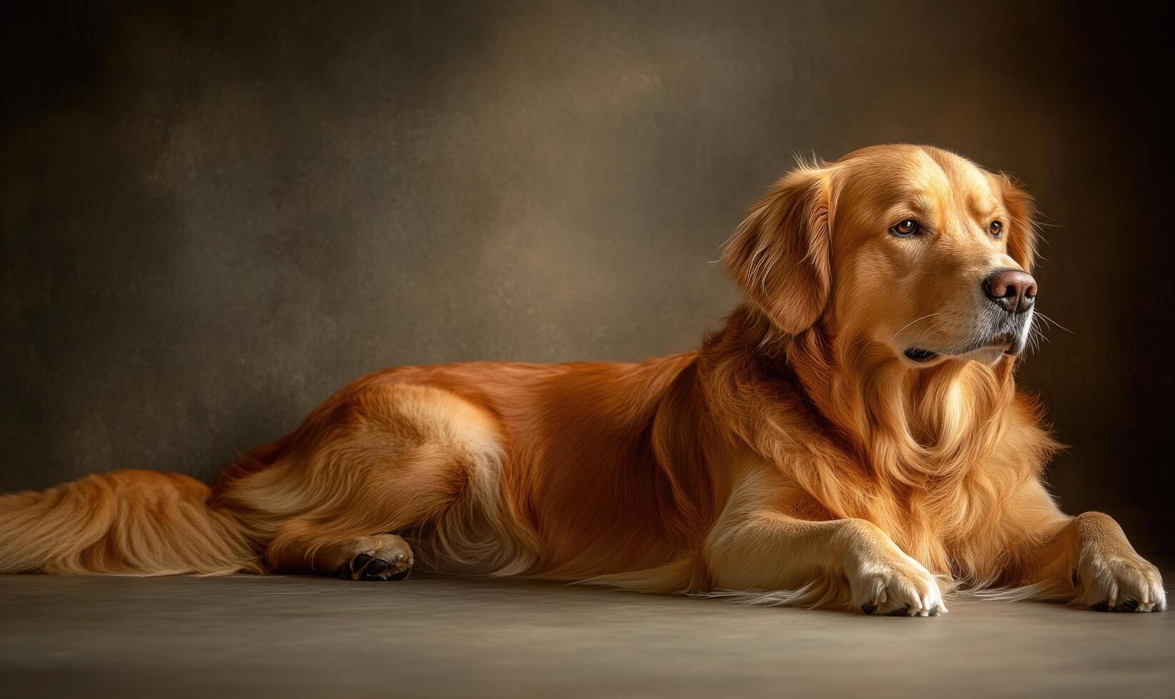 A golden retriever is laying on the ground, looking up at the camera photo