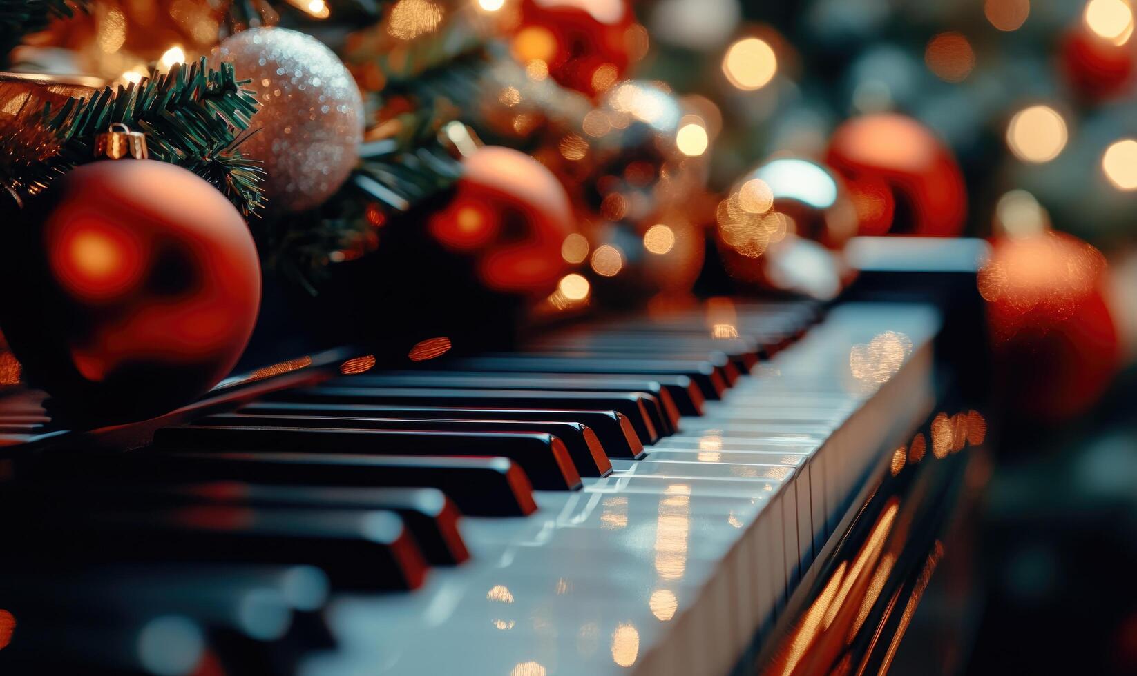 A keyboard with a bunch of Christmas ornaments on it photo