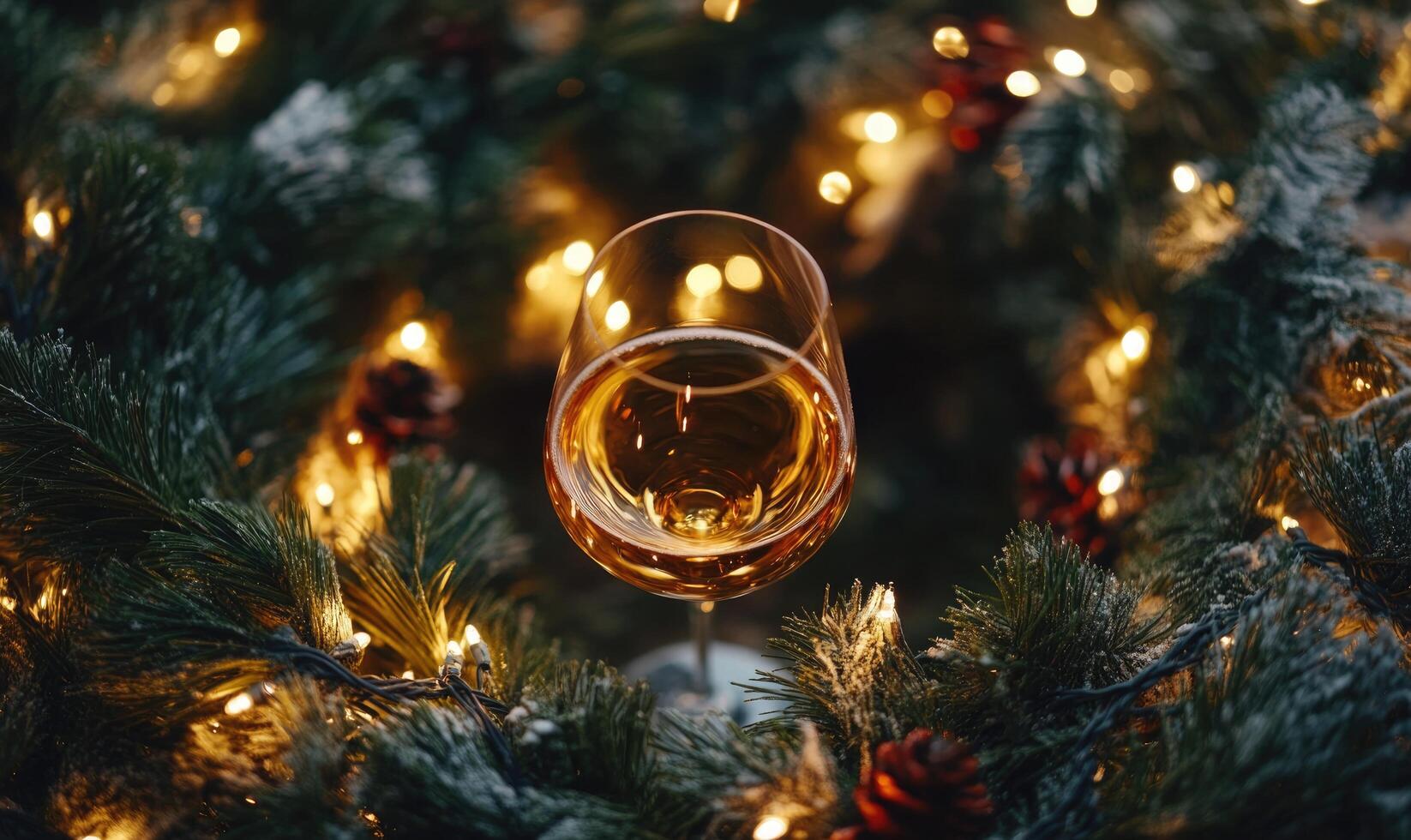A glass of wine is sitting in a wreath of Christmas lights photo