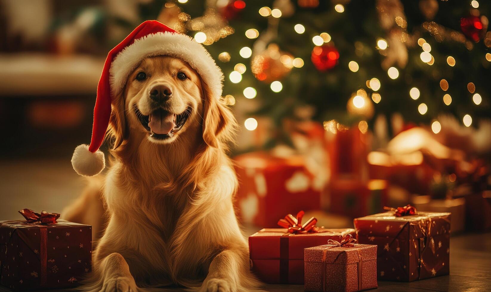 A dog is laying on the floor in front of a Christmas tree and presents photo