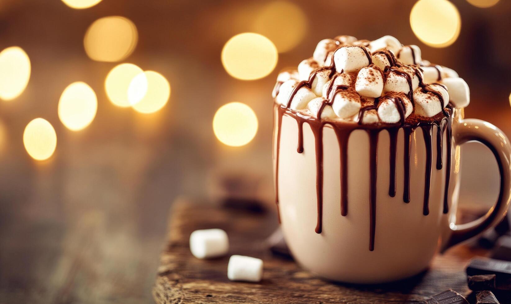 A mug of hot chocolate with marshmallows and chocolate drizzle photo