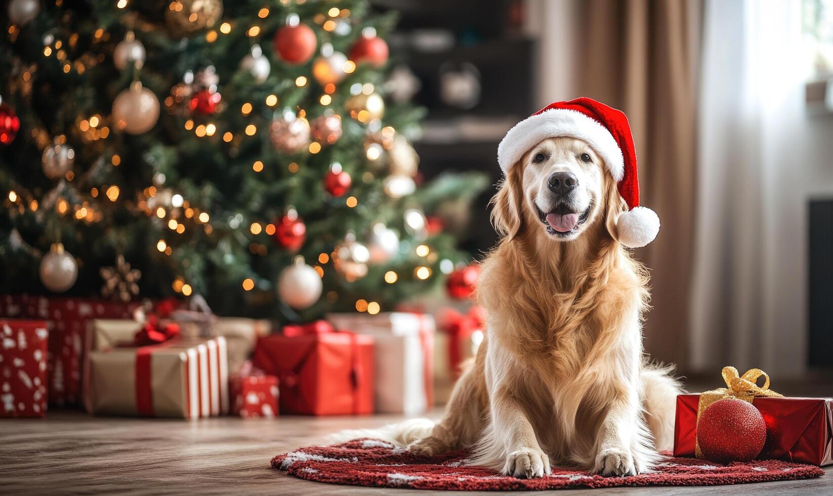 A dog wearing a Santa hat is sitting on a red rug in front of a Christmas tree photo