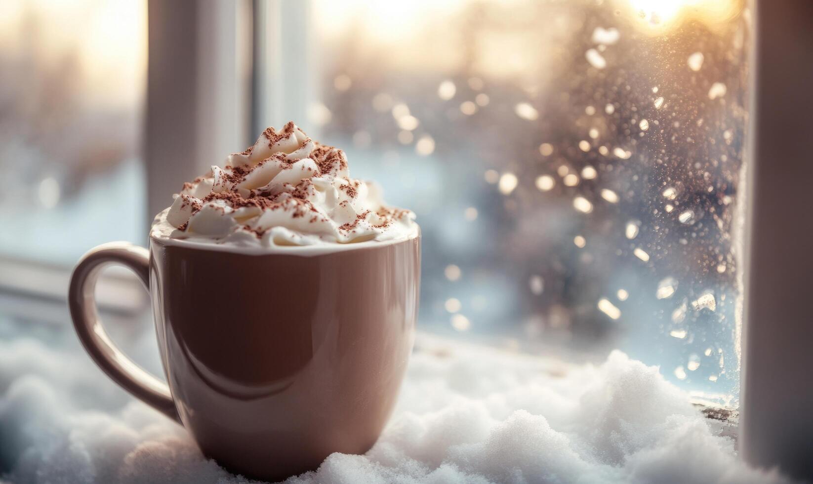 A cup of hot chocolate with whipped cream on top sits on a snowy window sill photo