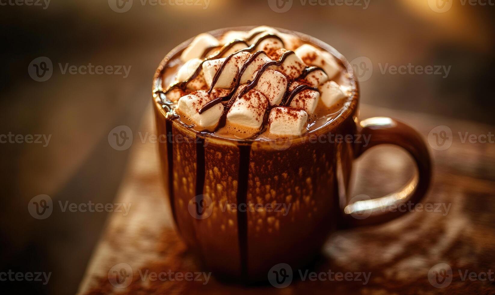 A mug of hot chocolate with marshmallows and chocolate drizzle photo