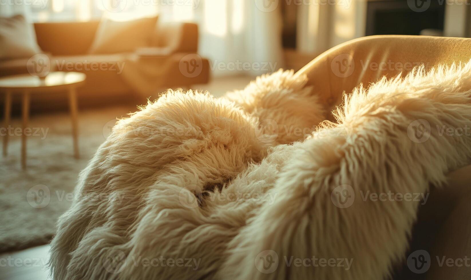 A large, fluffy white blanket is draped over a chair in a living room photo