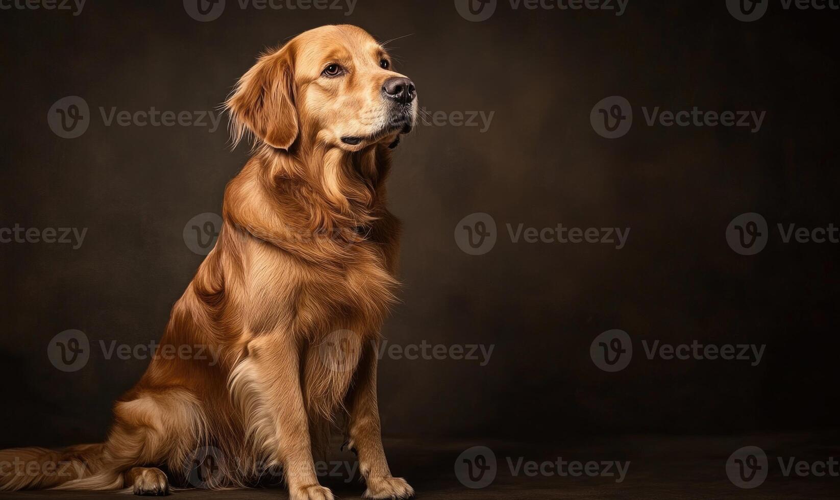 A brown dog is sitting on the ground and looking at the camera photo
