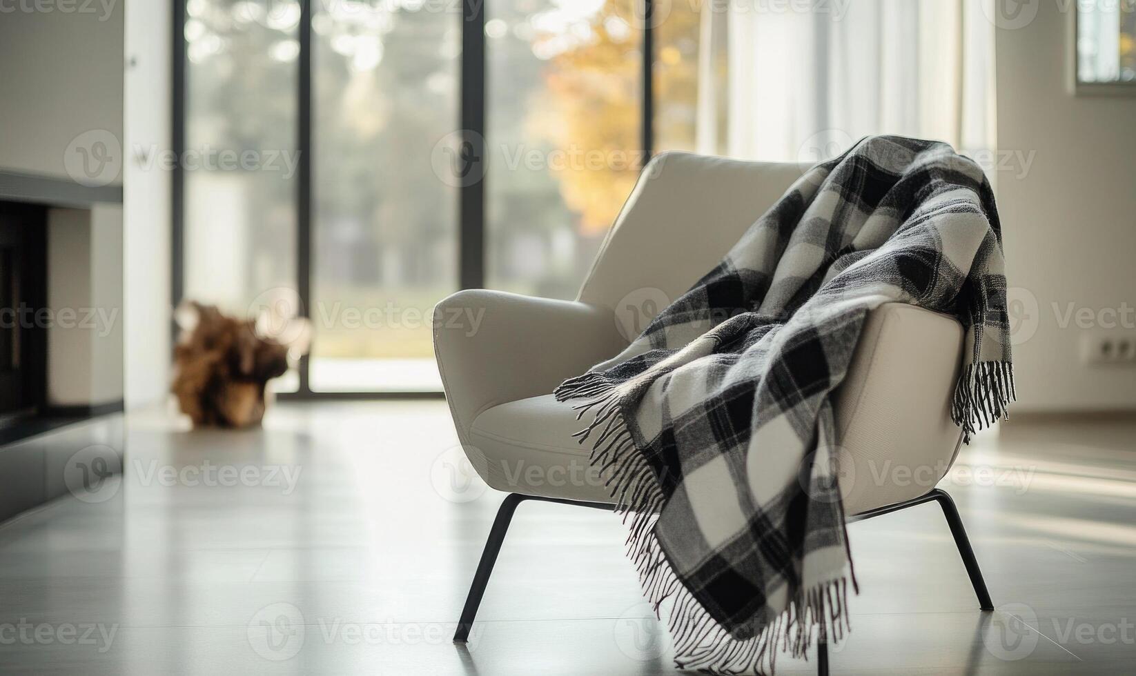 A white chair with a black and white plaid blanket draped over it photo