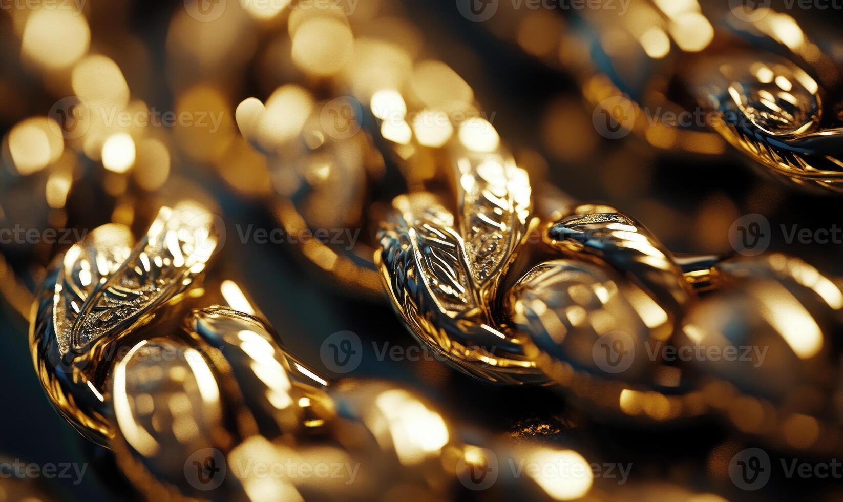 A close up of gold chain links with leaf designs photo