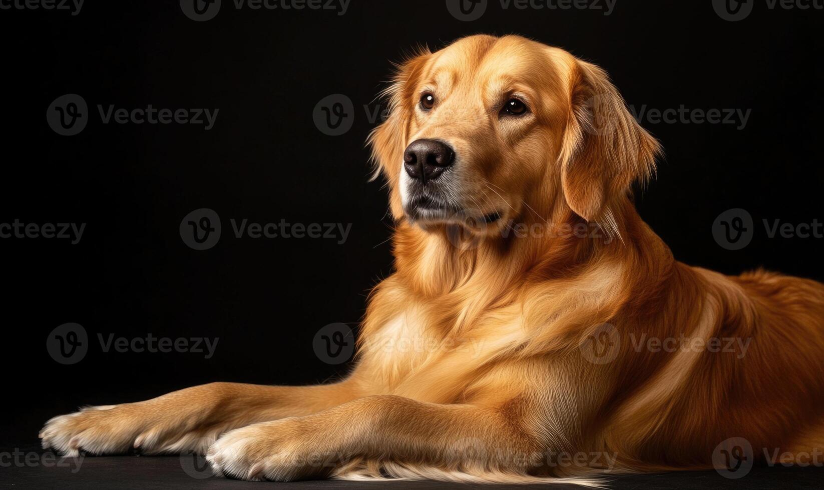 A golden retriever is laying on the ground, looking up at the camera photo
