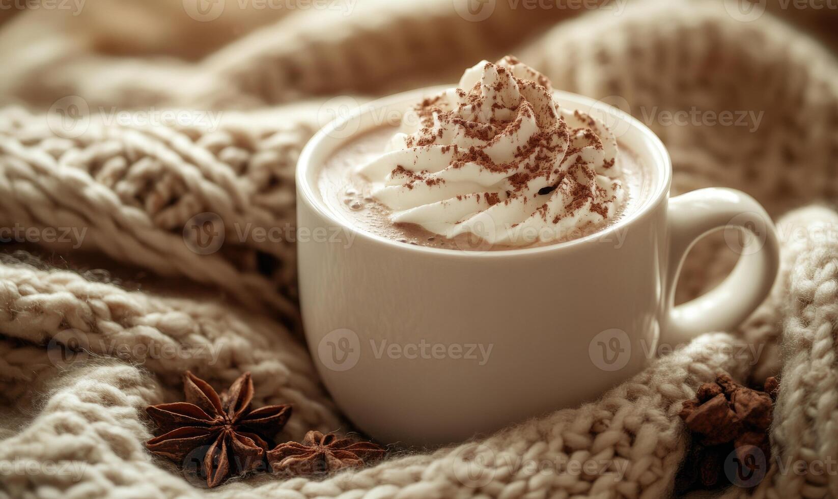 A white coffee cup with whipped cream on top is sitting on a blanket photo