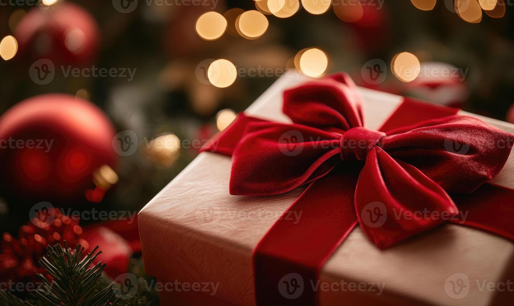 A red box with a bow on top of it photo