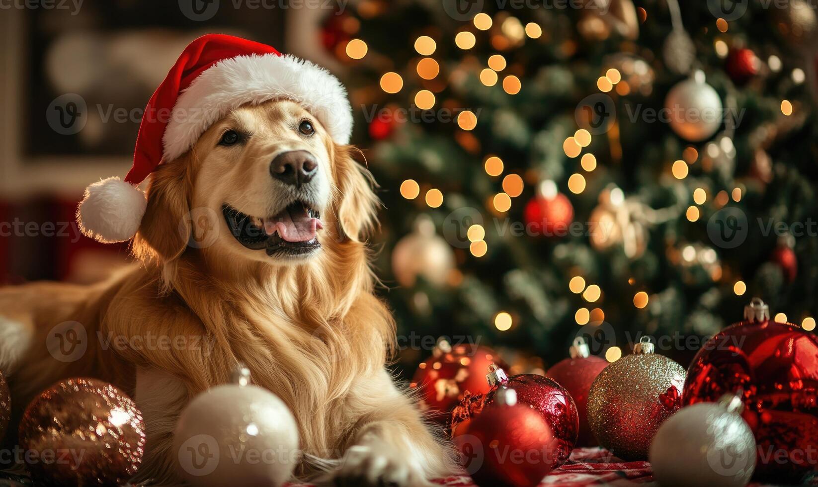 A dog wearing a Santa hat is laying on a table with a Christmas tree photo