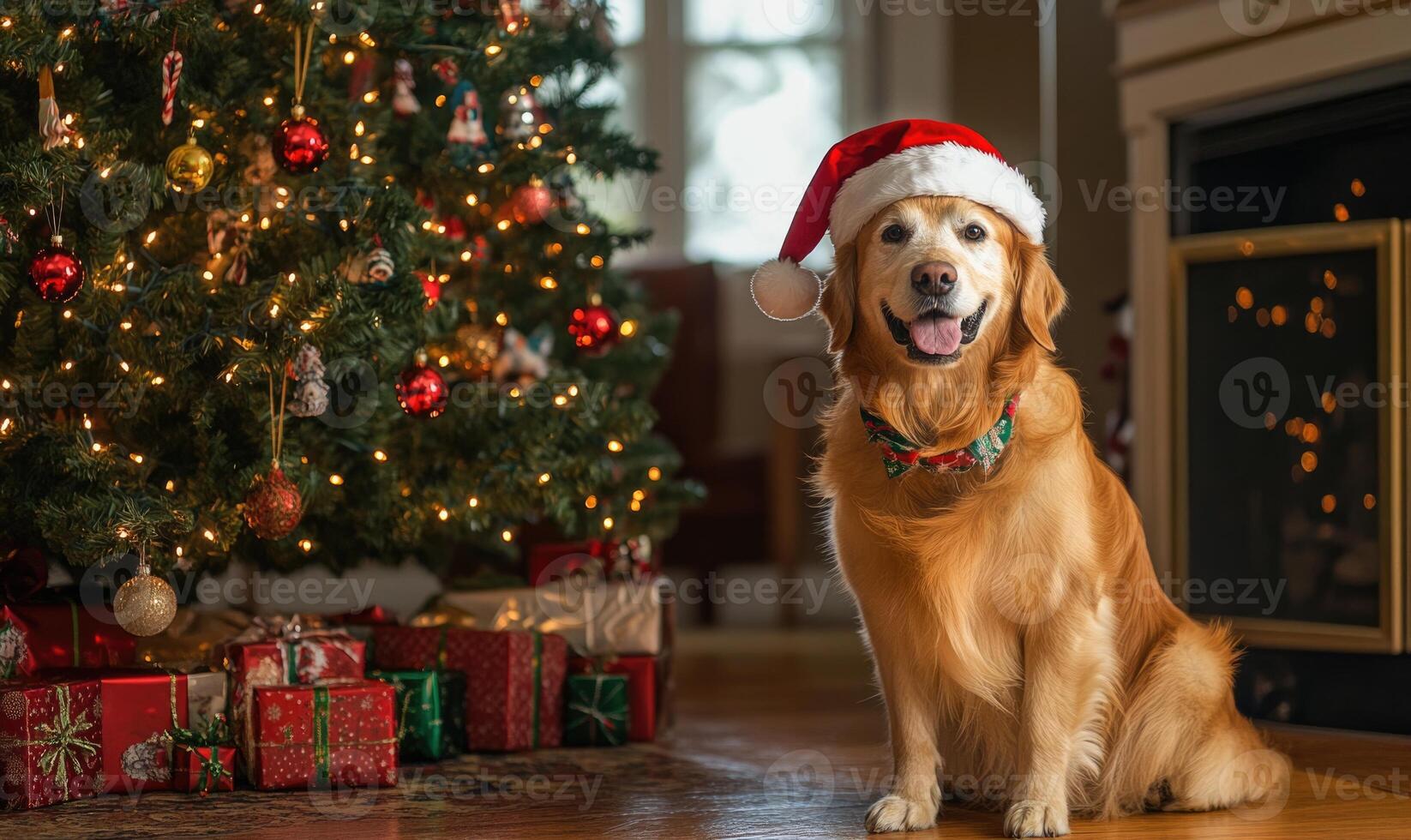 A dog wearing a Santa hat is sitting in front of a Christmas tree photo