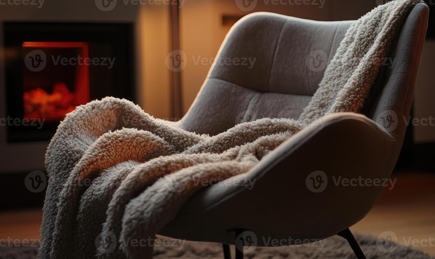 A chair with a blanket draped over it and a fireplace in the background photo