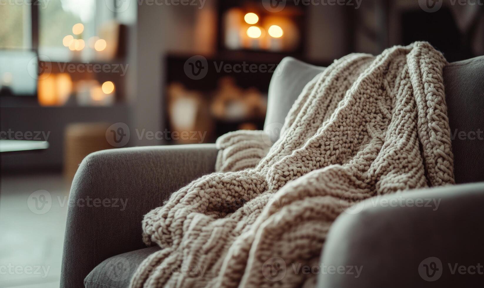 A cozy living room with a gray couch and a white blanket draped over it photo