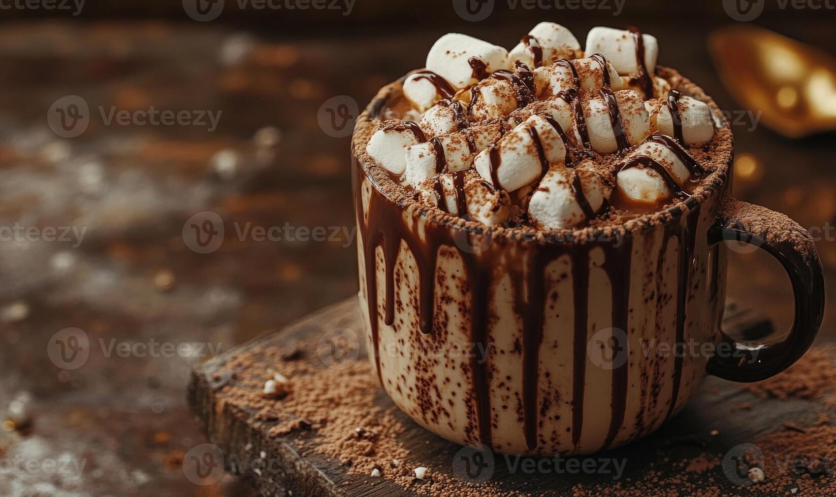 A mug of hot chocolate with marshmallows and chocolate drizzle photo