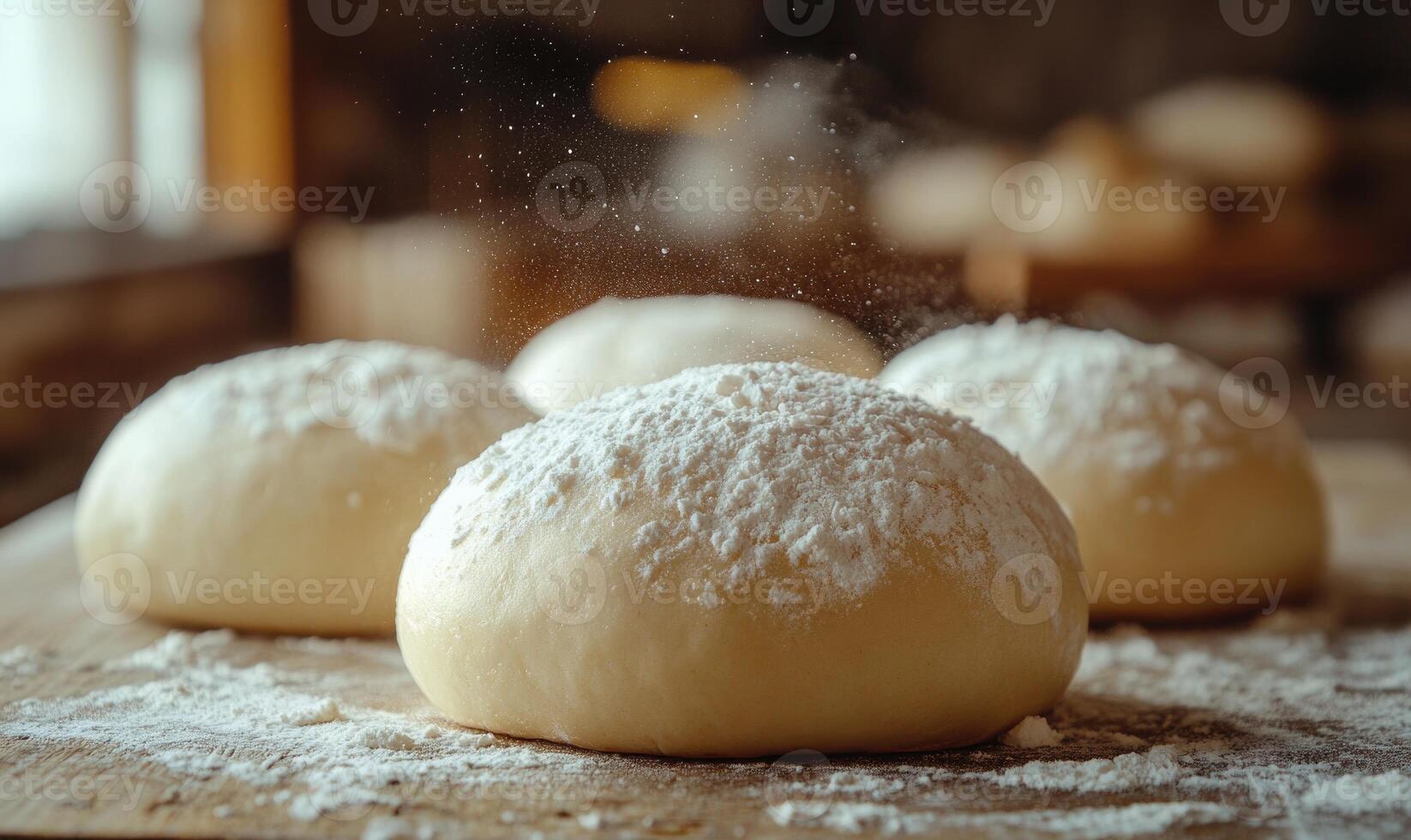 A close up of four dough balls with powdered sugar on top photo