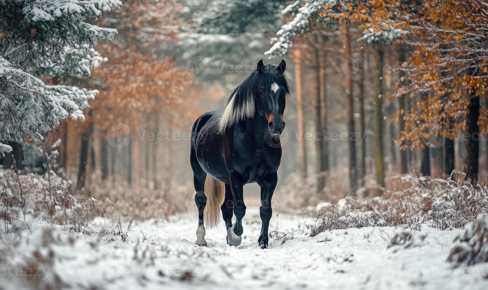 A black horse is walking through a snowy forest photo