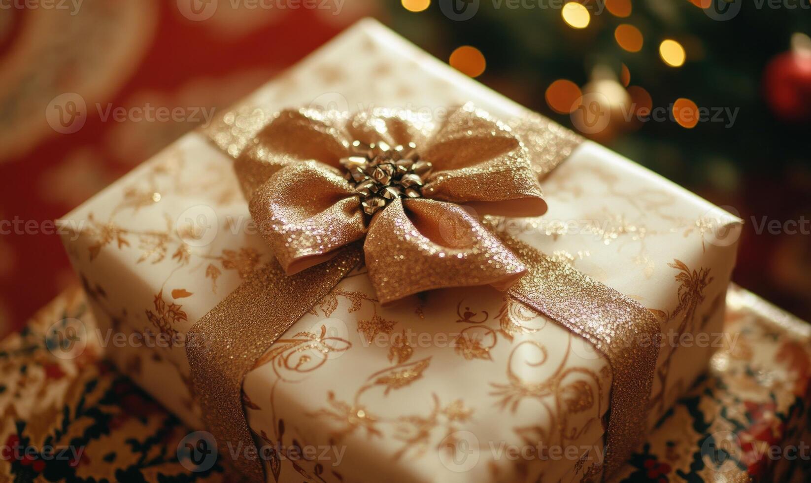 A gold wrapped gift box with a bow on top photo