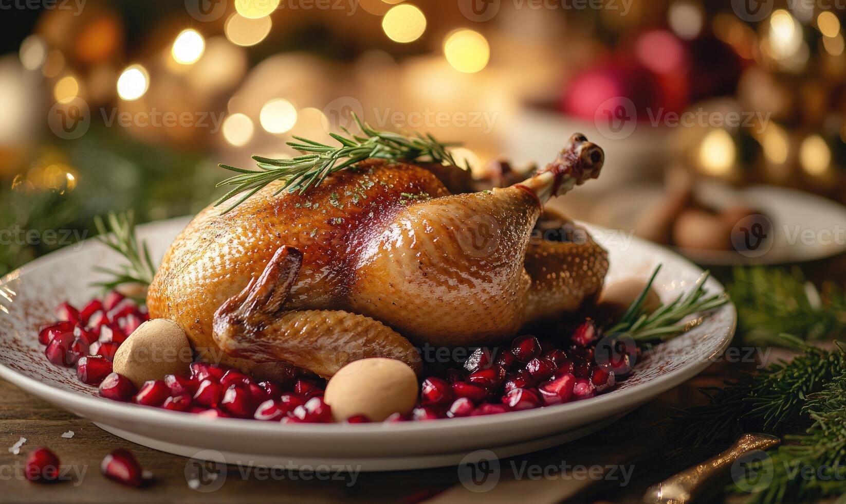 A roasted turkey with rosemary and cranberries on a white plate photo