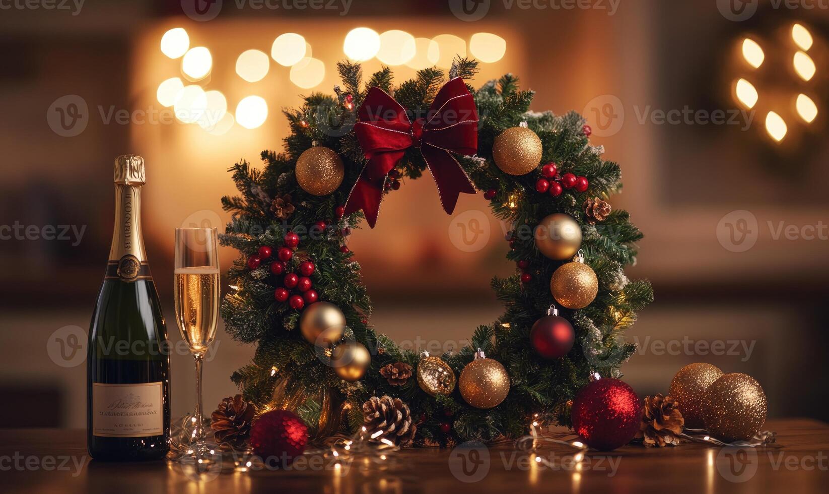 A wreath of Christmas decorations sits on a table next to a bottle of champagne photo