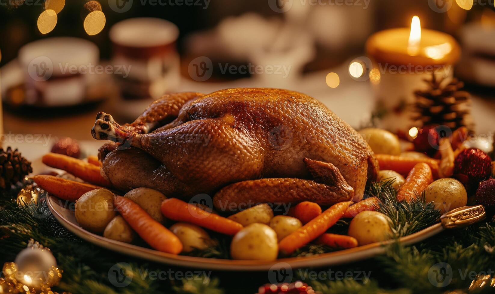 A roasted turkey with a side of carrots and potatoes photo