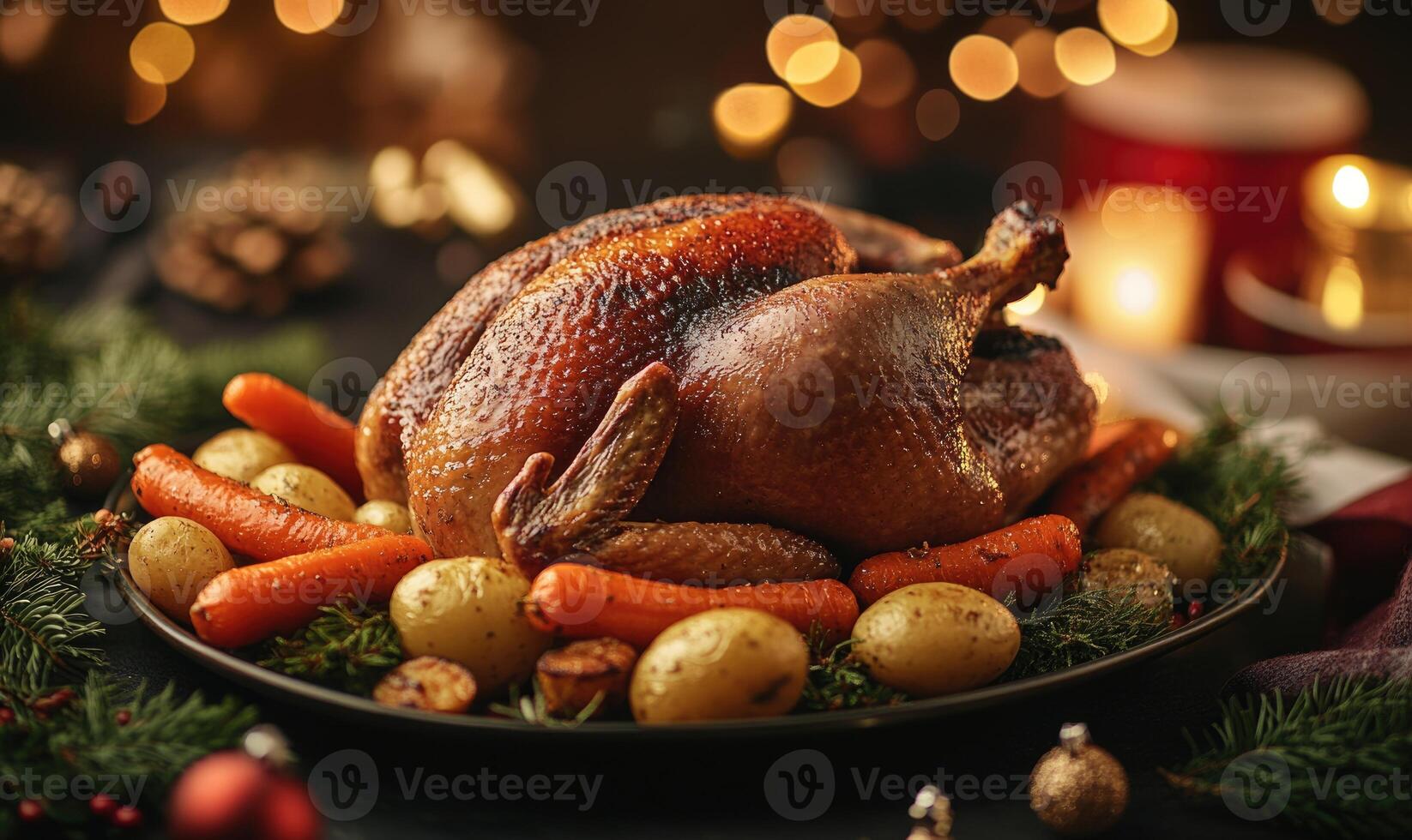 A roasted turkey with carrots and potatoes on a black plate photo