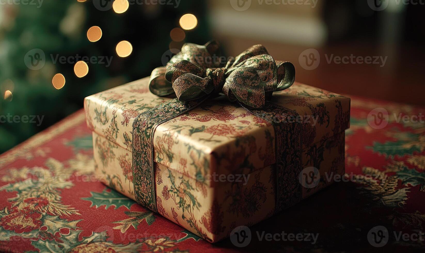 A box with a bow on top of a red carpet photo