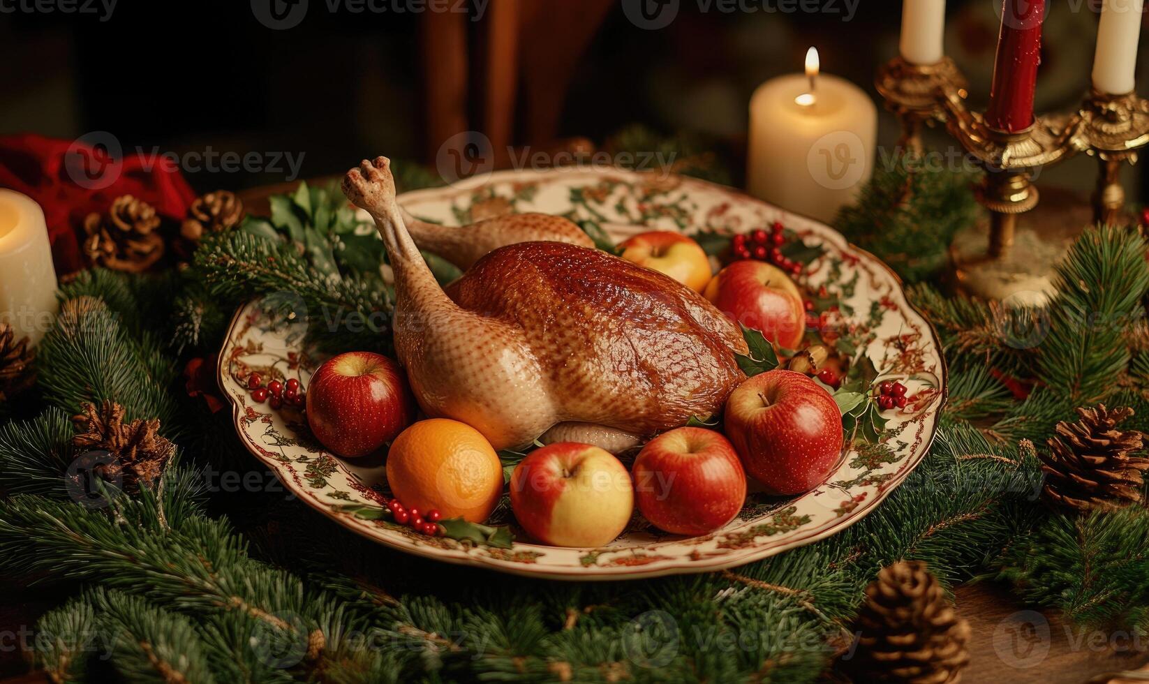 A table with a turkey, apples, and oranges on a white plate photo
