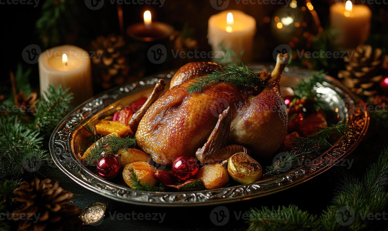 The table setting is festive and inviting, with candles photo